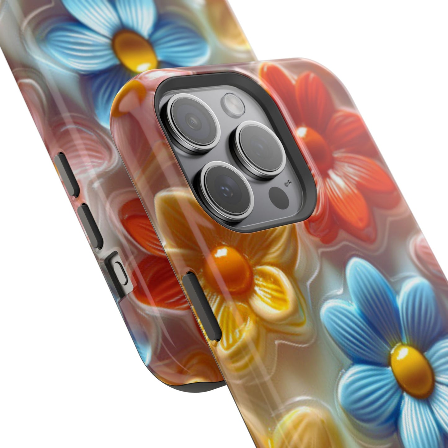 Glossy Retro Flower MagSafe iPhone Case – Colorful 3D Floral Design, Durable Protection