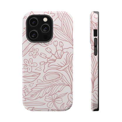 Blush Floral Line Art Tough MagSafe iPhone Case – Delicate Minimalist Design with Dual-Layer Protection