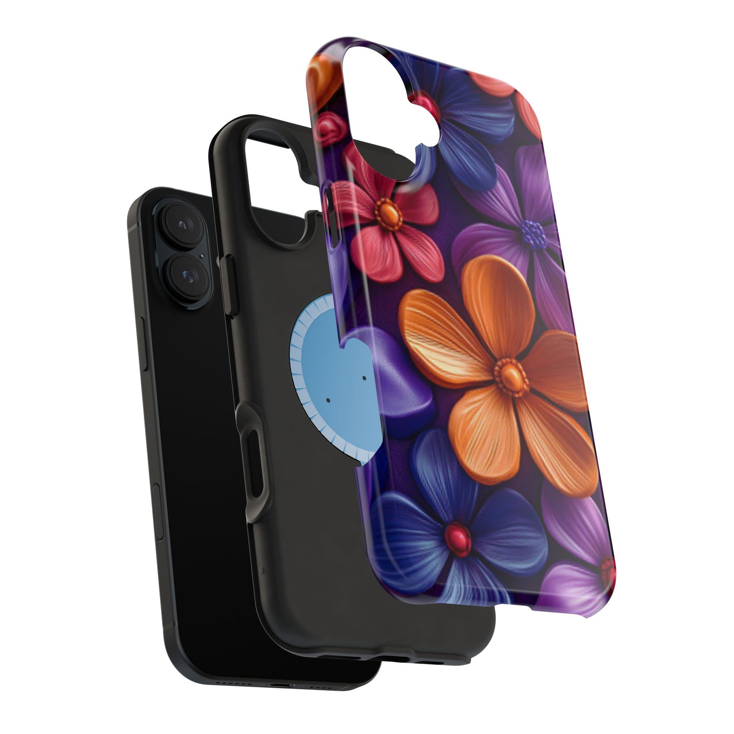 Bold Floral 3D MagSafe iPhone Case – Vivid Purple and Orange Flower Design, Shock-Resistant