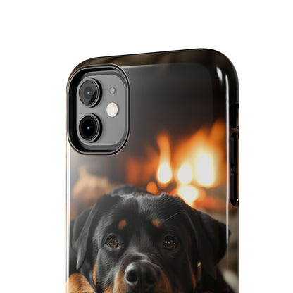 Cozy Rottweiler by the Fireplace iPhone Case – Warm Rustic Design