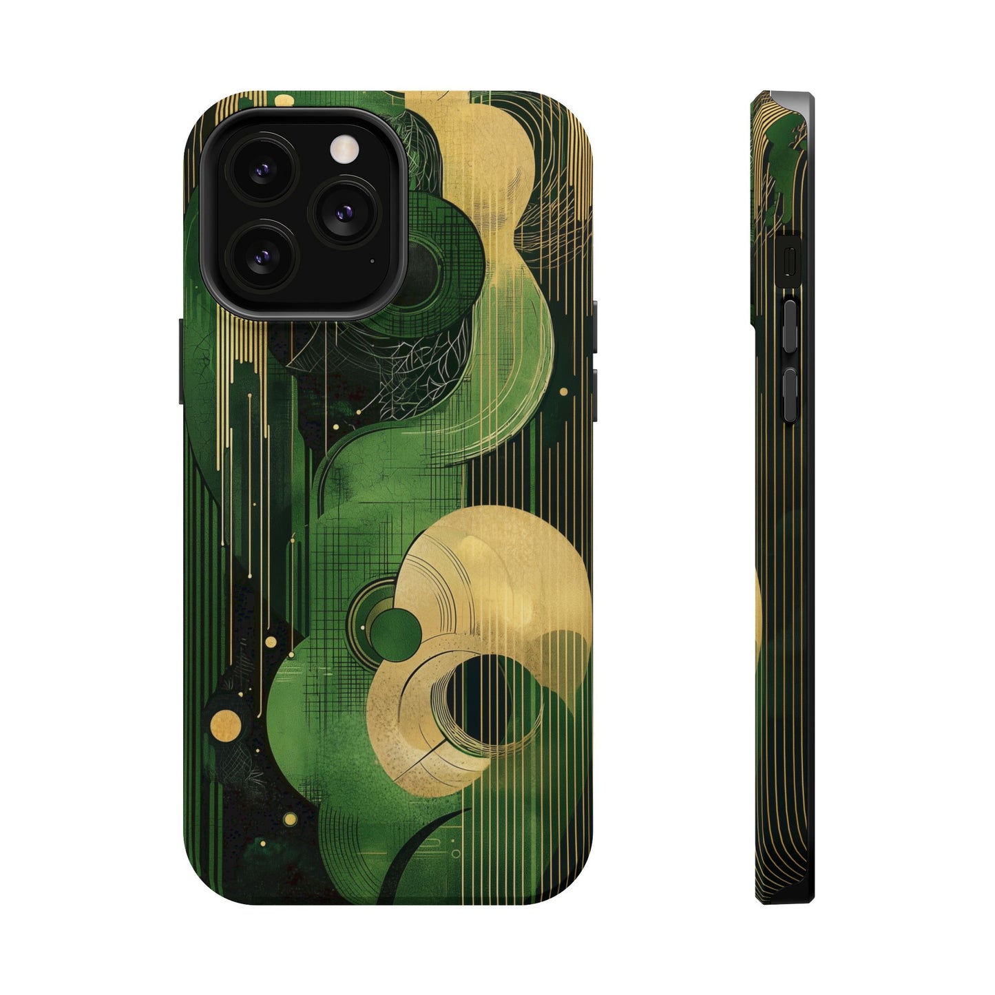 Abstract Green & Gold MagSafe iPhone Case - Geometric Art Deco Protective Cover