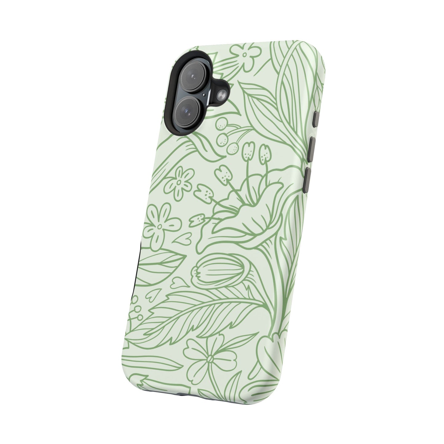 Sage Green Floral Line Art Tough MagSafe iPhone Case – Minimalist Botanical Design with Dual-Layer Protection