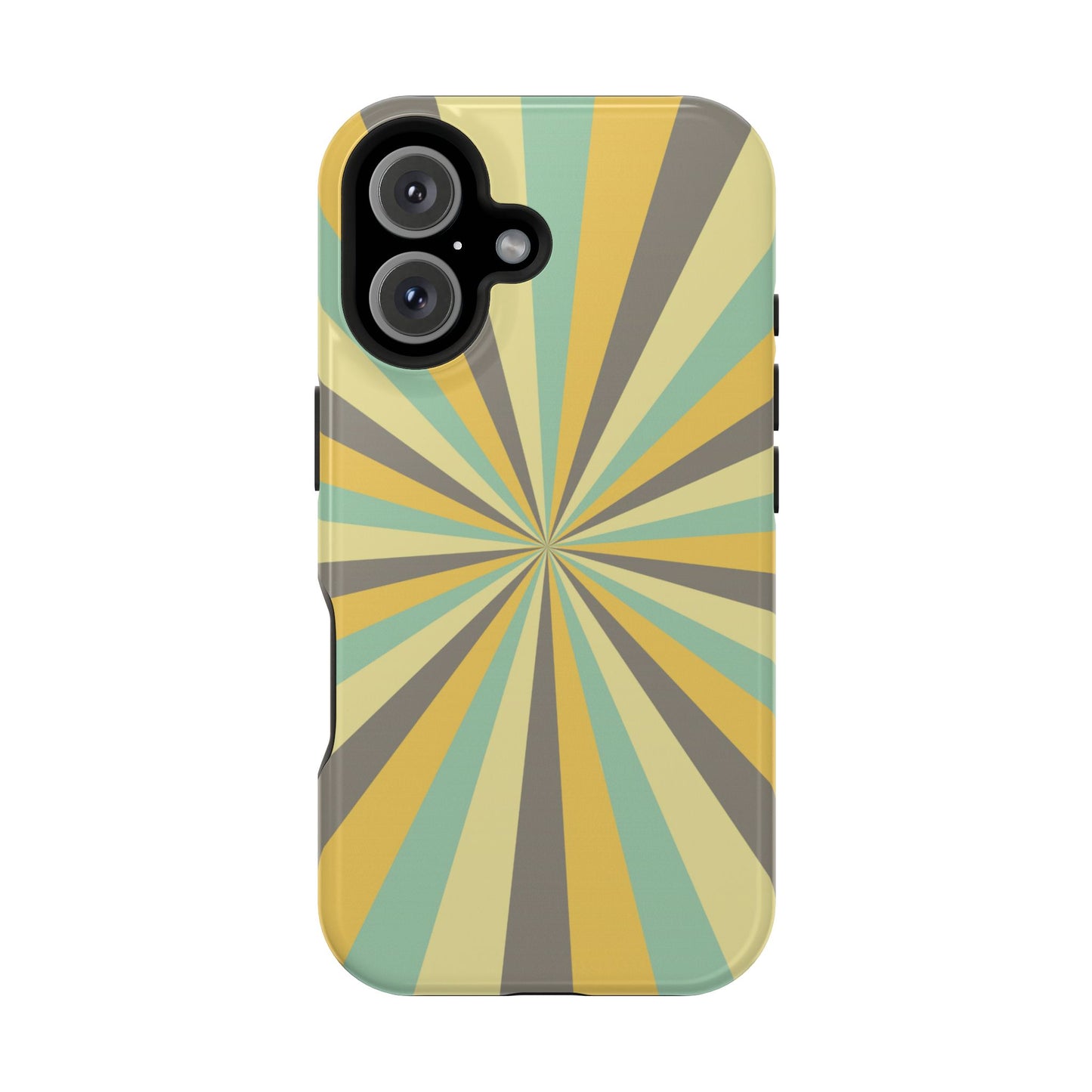 Vintage Sunburst Rays MagSafe iPhone Case – Bold 70s-Inspired Burst in Yellow, Mint, and Gray