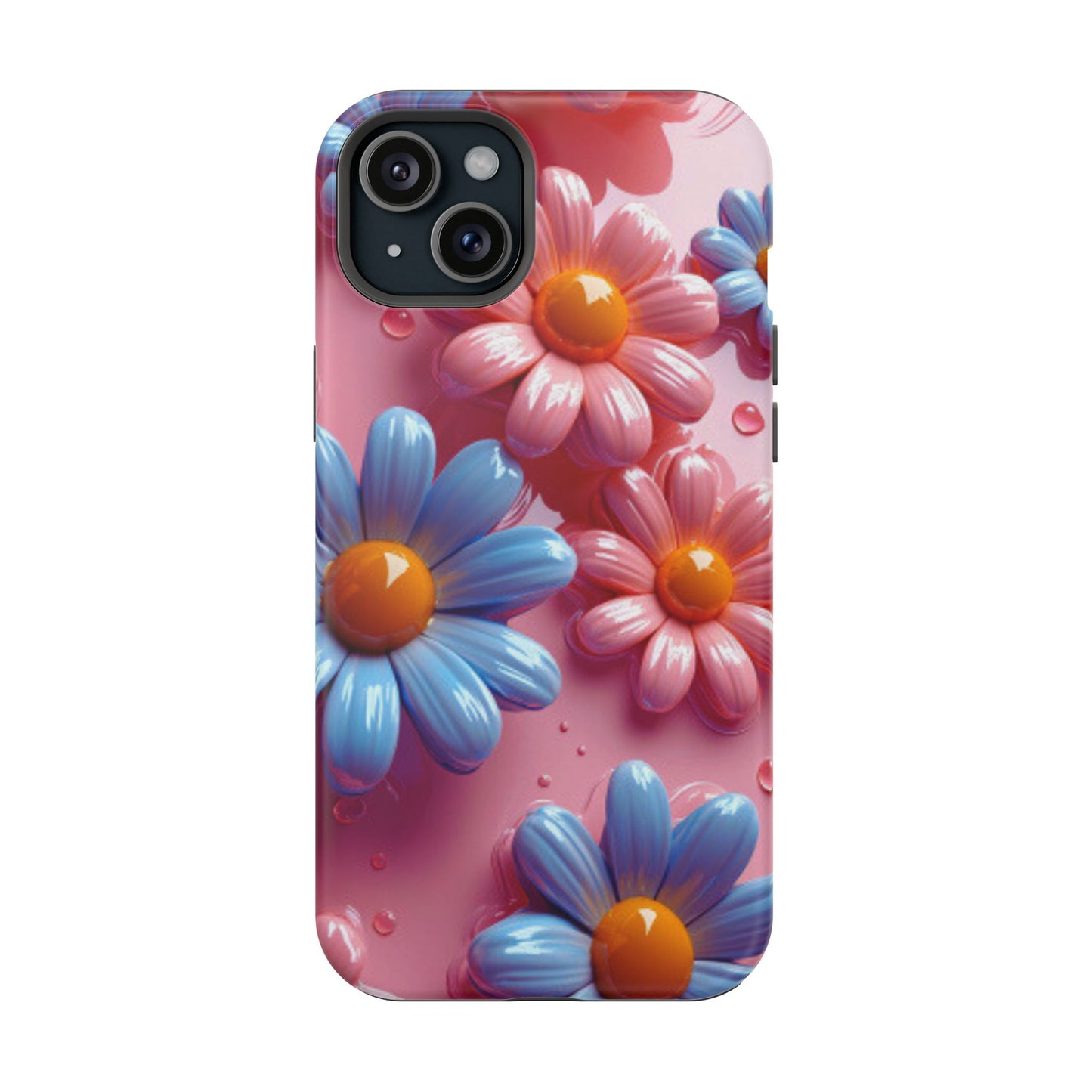 Pastel Daisy 3D MagSafe iPhone Case – Glossy Pink and Blue Floral Design, Full Protection