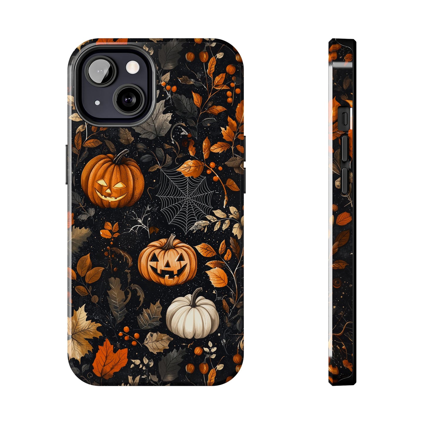 Elegant Halloween iPhone Case – Pumpkin Jack-o'-Lanterns, Cobwebs & Autumn Foliage Design