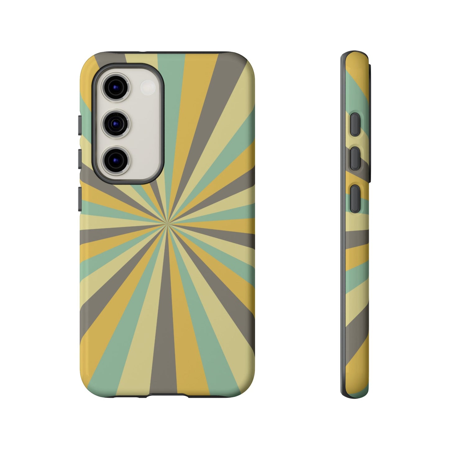 Vintage Sunburst Rays Samsung Galaxy Case – Bold 70s-Inspired Burst in Yellow, Mint, and Gray