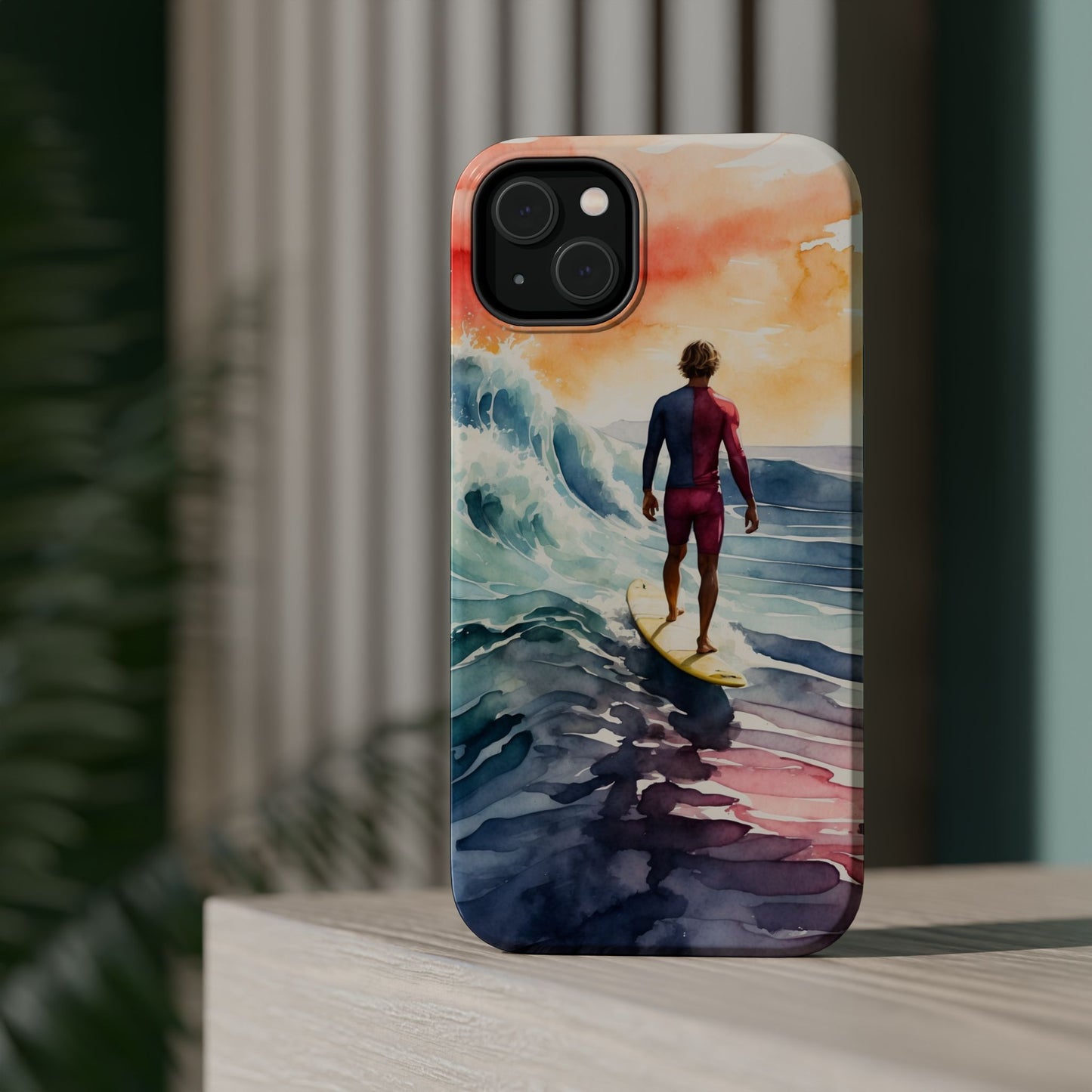 Surfer’s Sunset Wave MagSafe iPhone Case – Vibrant Watercolor Design