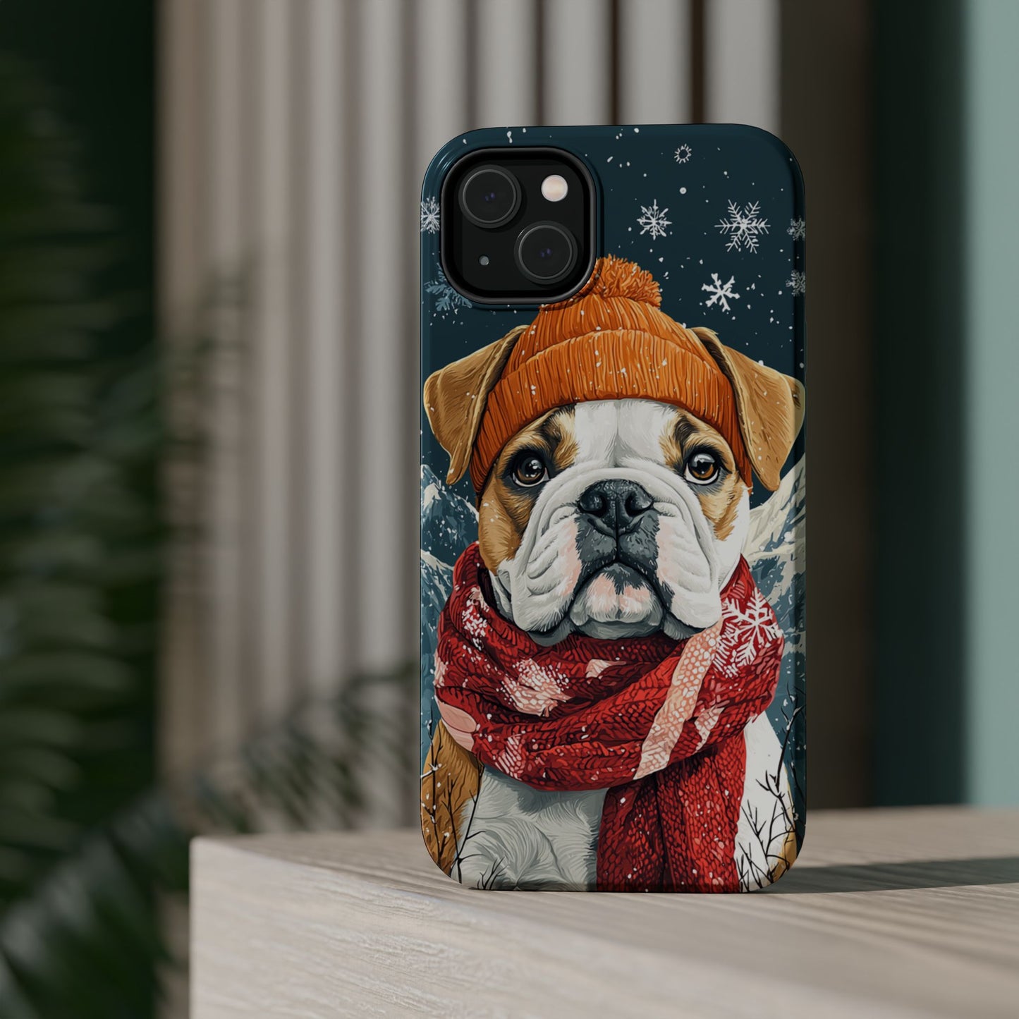 Cozy French Bulldog MagSafe iPhone Case – Rustic Fireplace Protective Cover