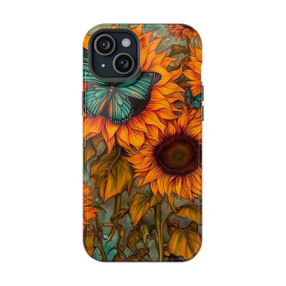 Vintage Blue Butterfly & Sunflower Art – MagSafe iPhone Case