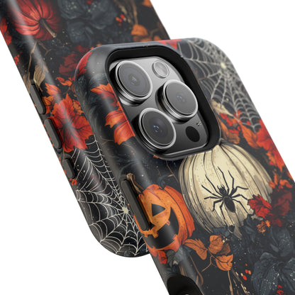 Hauntingly Elegant Halloween MagSafe iPhone Case – Pumpkins, Spiders, and Autumn Leaves Design