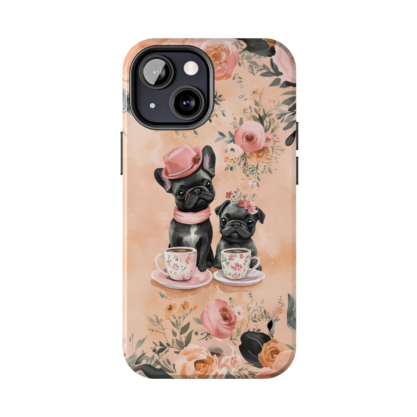 Floral French Bulldogs iPhone Case – Elegant Dog Design with Tea Cups & Roses, Shockproof Protection - BOGO Cases