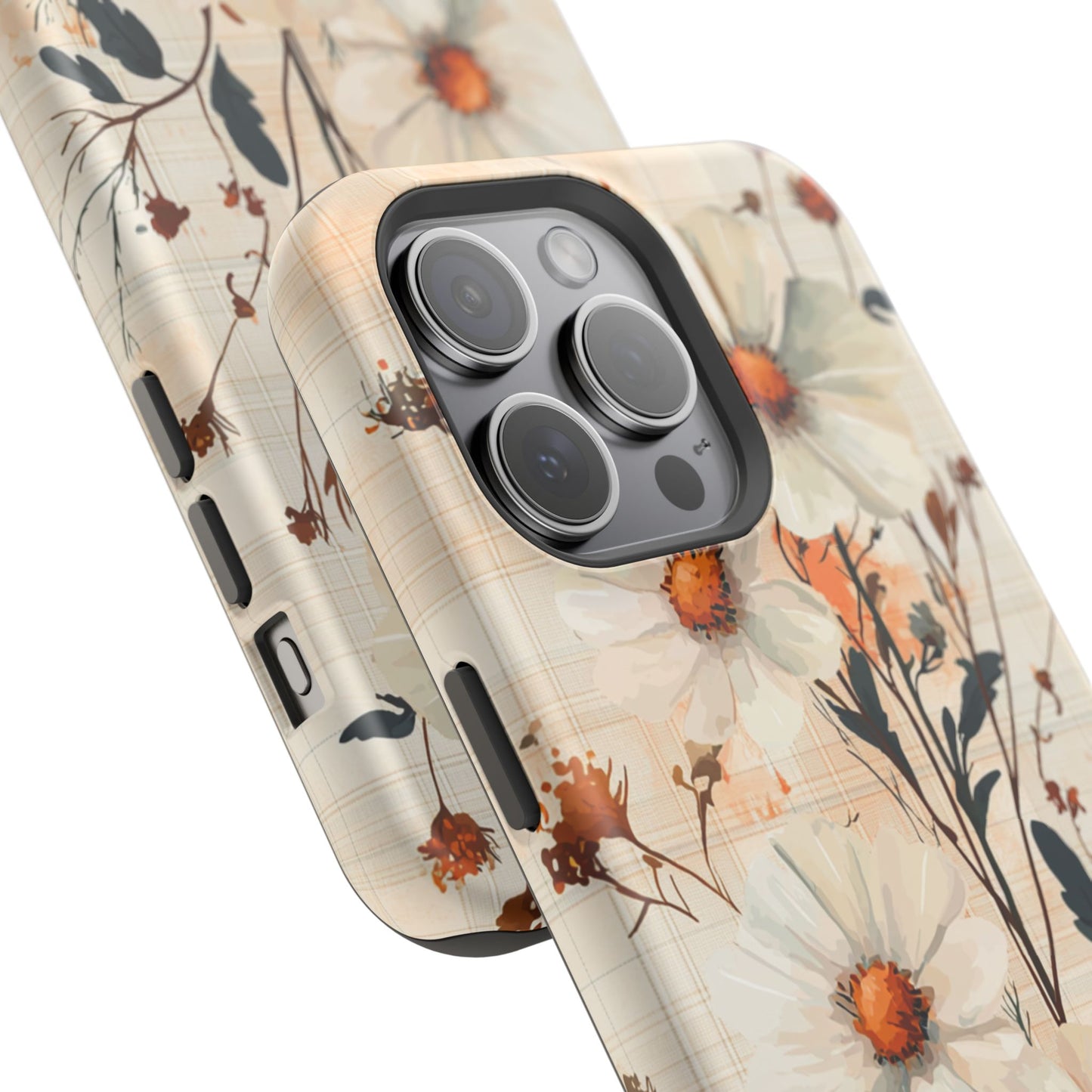 Pastel Orange Floral MagSafe iPhone Case - Elegant Plaid Protective Cover