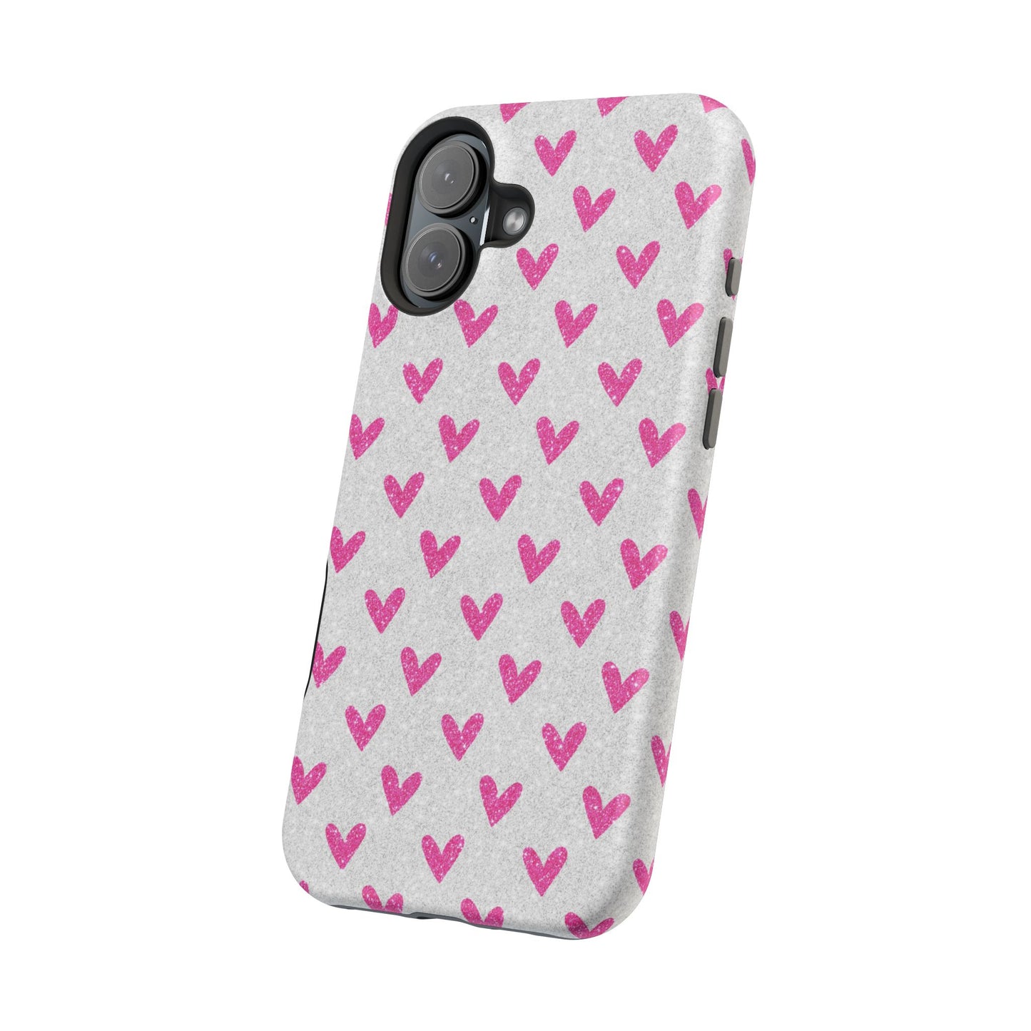 Pink Hearts on Glitter Silver – MagSafe iPhone Case