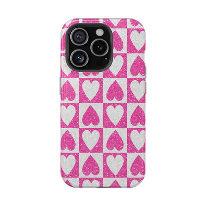 Pink Glitter Heart Checkered Pattern MagSafe Case