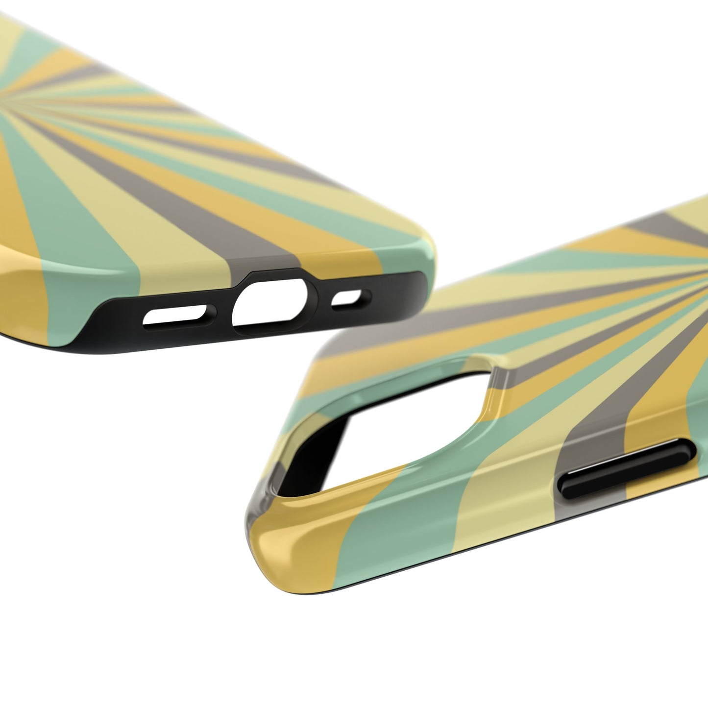 Vintage Sunburst Rays iPhone Case – Bold 70s-Inspired Burst in Yellow, Mint, and Gray