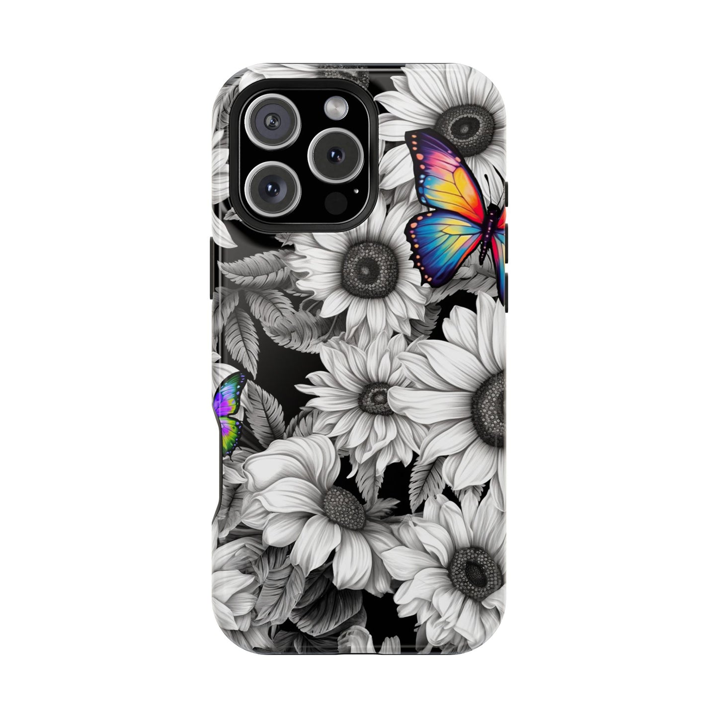 Rainbow Butterflies & Monochrome Sunflowers – MagSafe iPhone Case