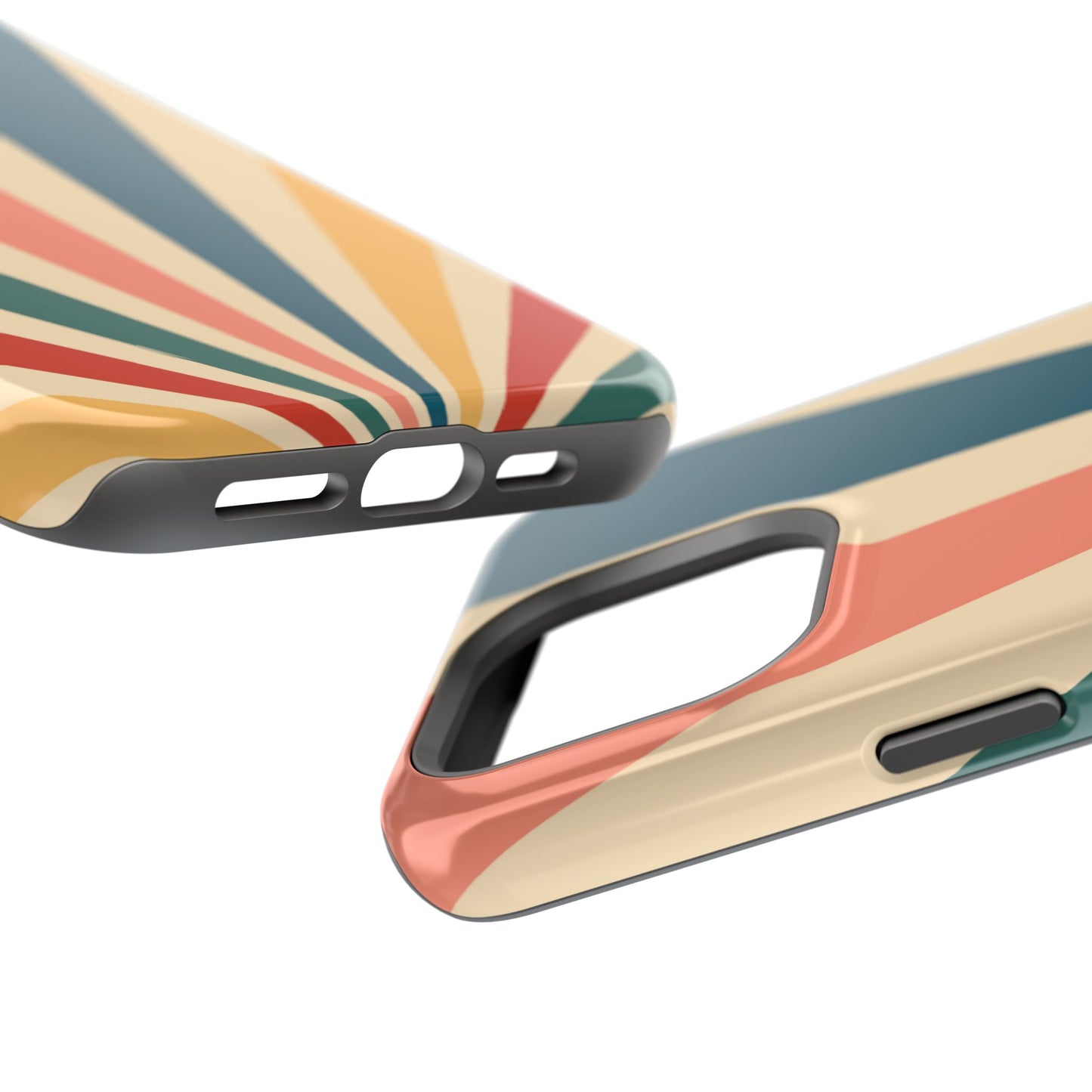 Retro Sunbeam MagSafe iPhone Case – 70s-Inspired Radiating Stripes in Coral, Teal, and Mustard