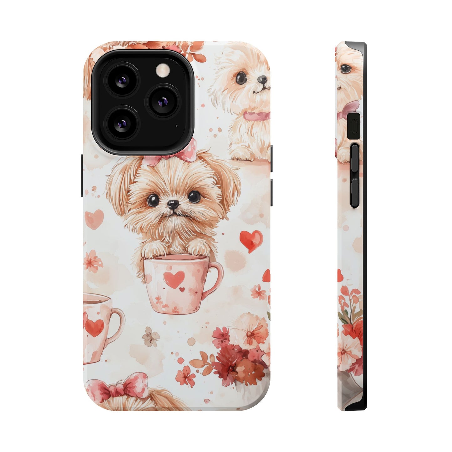 Puppies & Heart Mugs MagSafe iPhone Case – Sweet Dog & Floral Design, Shockproof & Slim