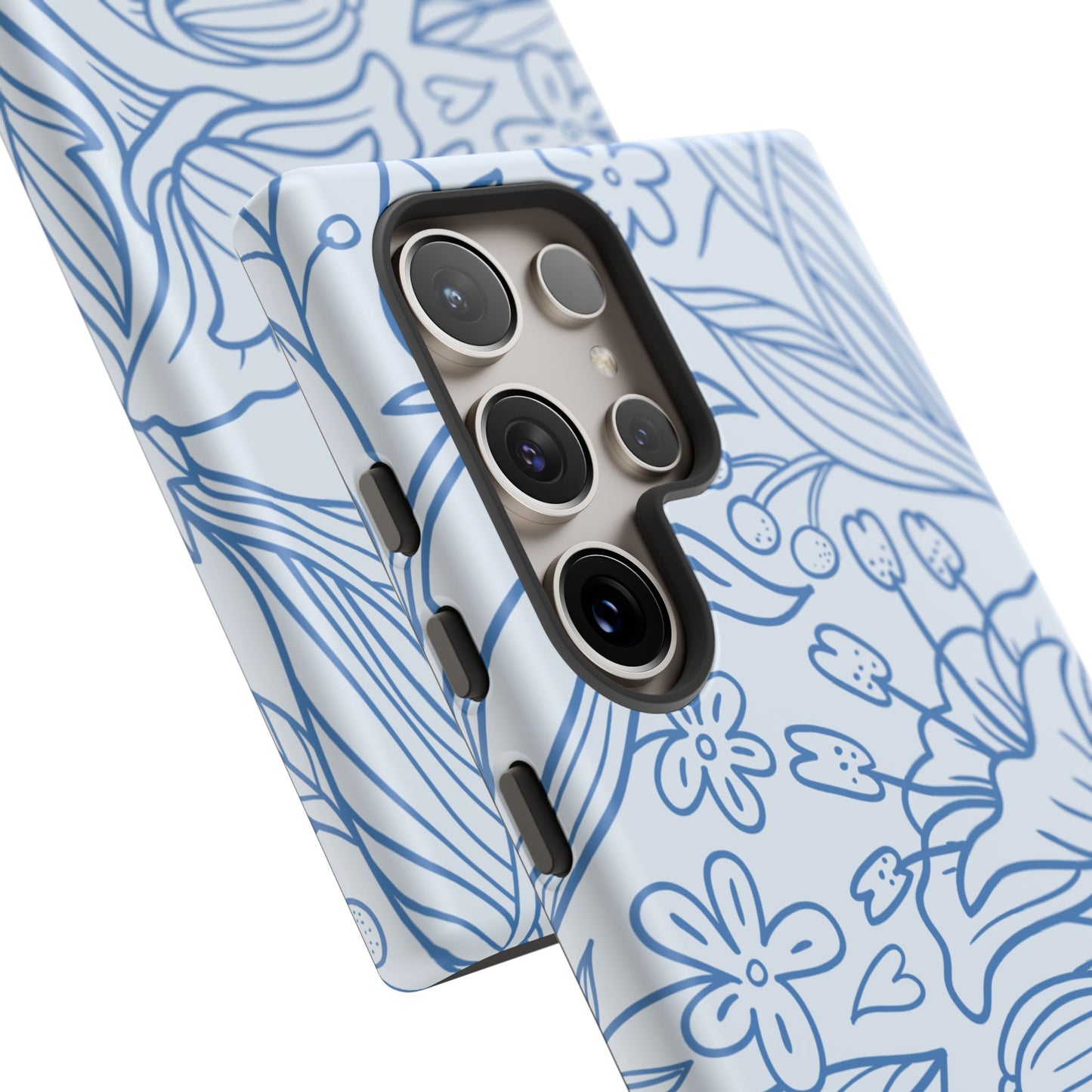 Dusty Blue Floral Line Art Tough Samsung Galaxy Case – Minimalist Botanical Design with Dual-Layer Protection