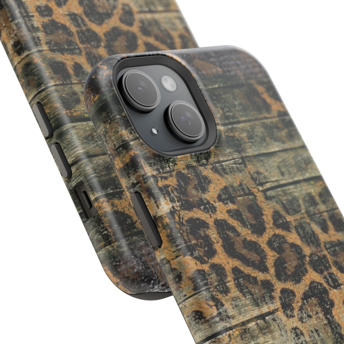 Rustic Wood and Leopard Print Tough MagSafe iPhone Case – Distressed Western Design with Dual-Layer Protection