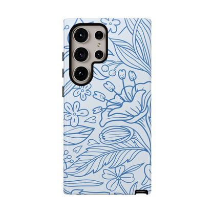 Dusty Blue Floral Line Art Tough Samsung Galaxy Case – Minimalist Botanical Design with Dual-Layer Protection