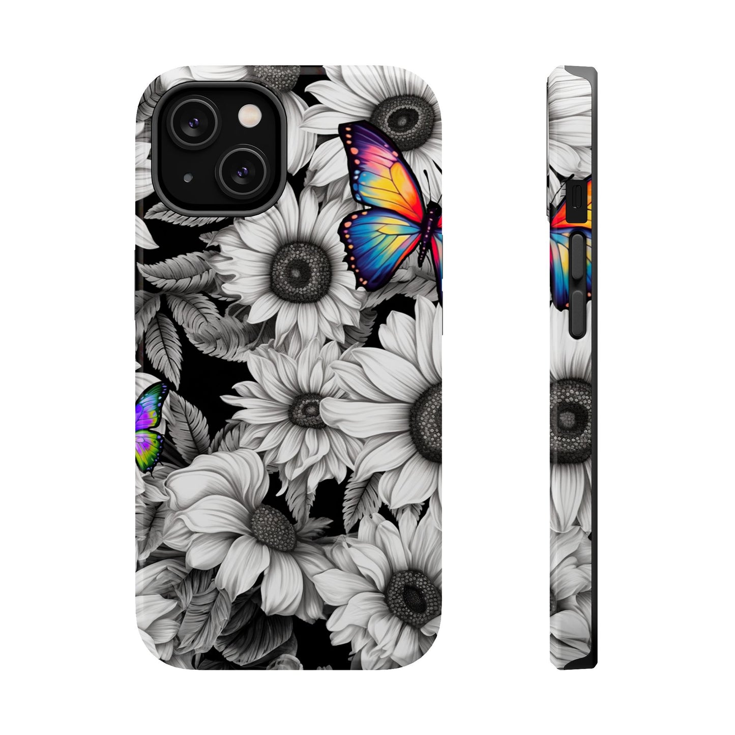 Rainbow Butterflies & Monochrome Sunflowers – MagSafe iPhone Case