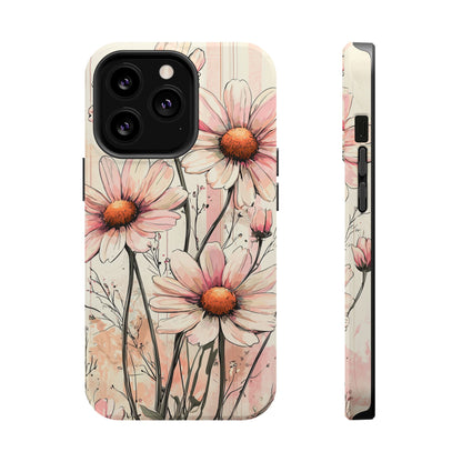 Pastel Pink Daisy MagSafe iPhone Case - Elegant Floral Plaid Protective Cover