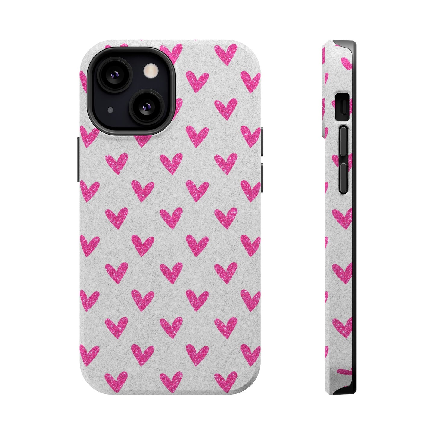 Pink Hearts on Glitter Silver – MagSafe iPhone Case