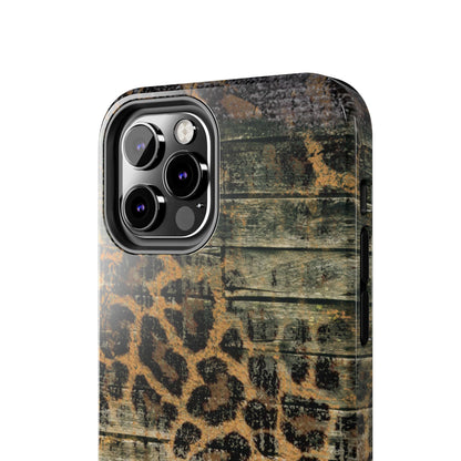 Rustic Wood and Leopard Print Tough iPhone Case – Distressed Western Design with Dual-Layer Protection