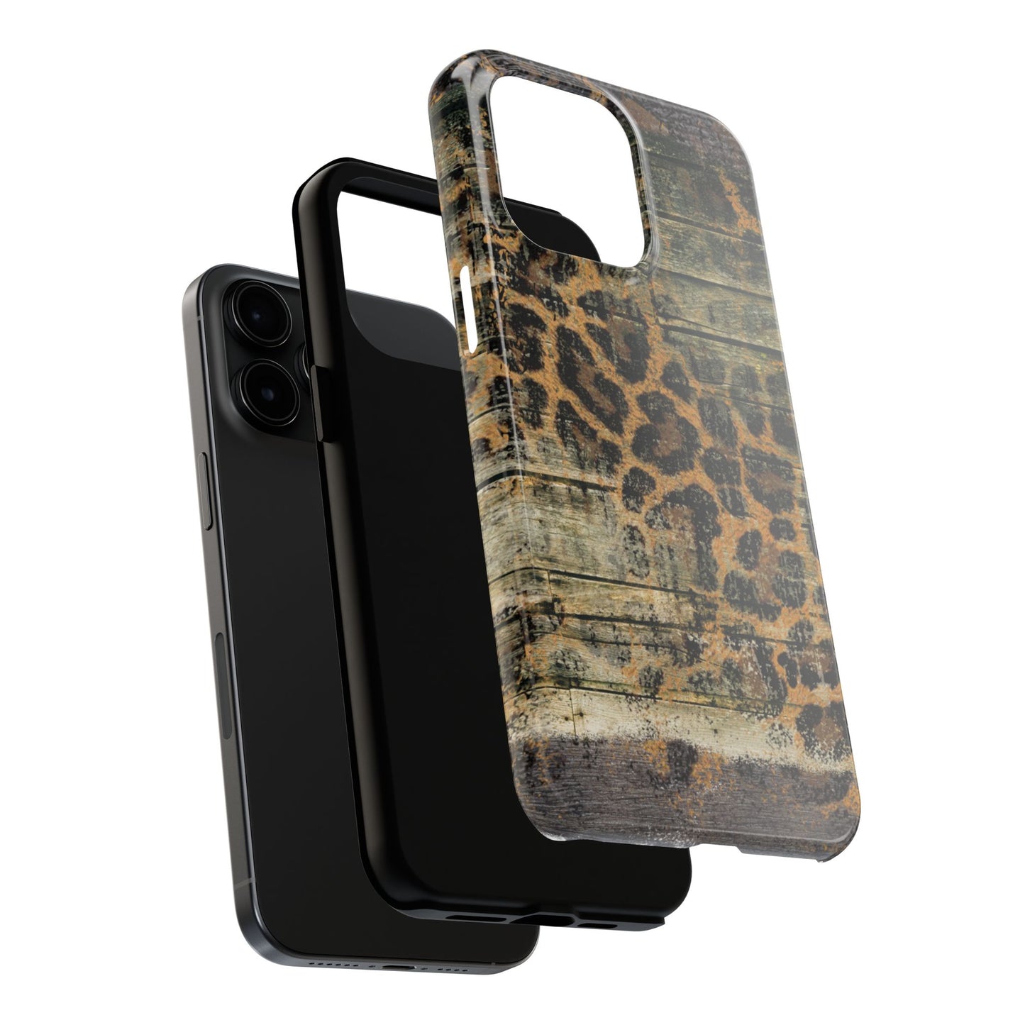 Rustic Wood and Leopard Print Tough iPhone Case – Distressed Western Design with Dual-Layer Protection