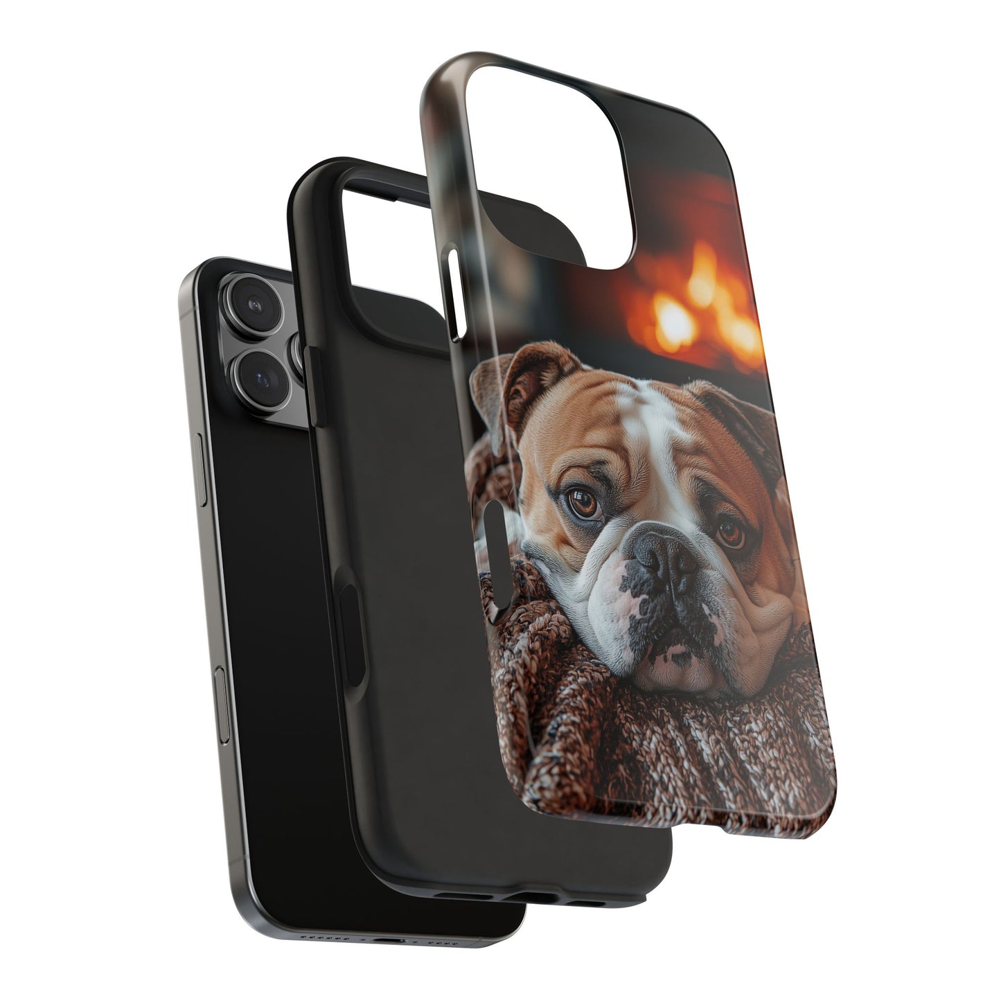 Cozy Bulldog iPhone Case – Fireside-Inspired Protective Cover Description: