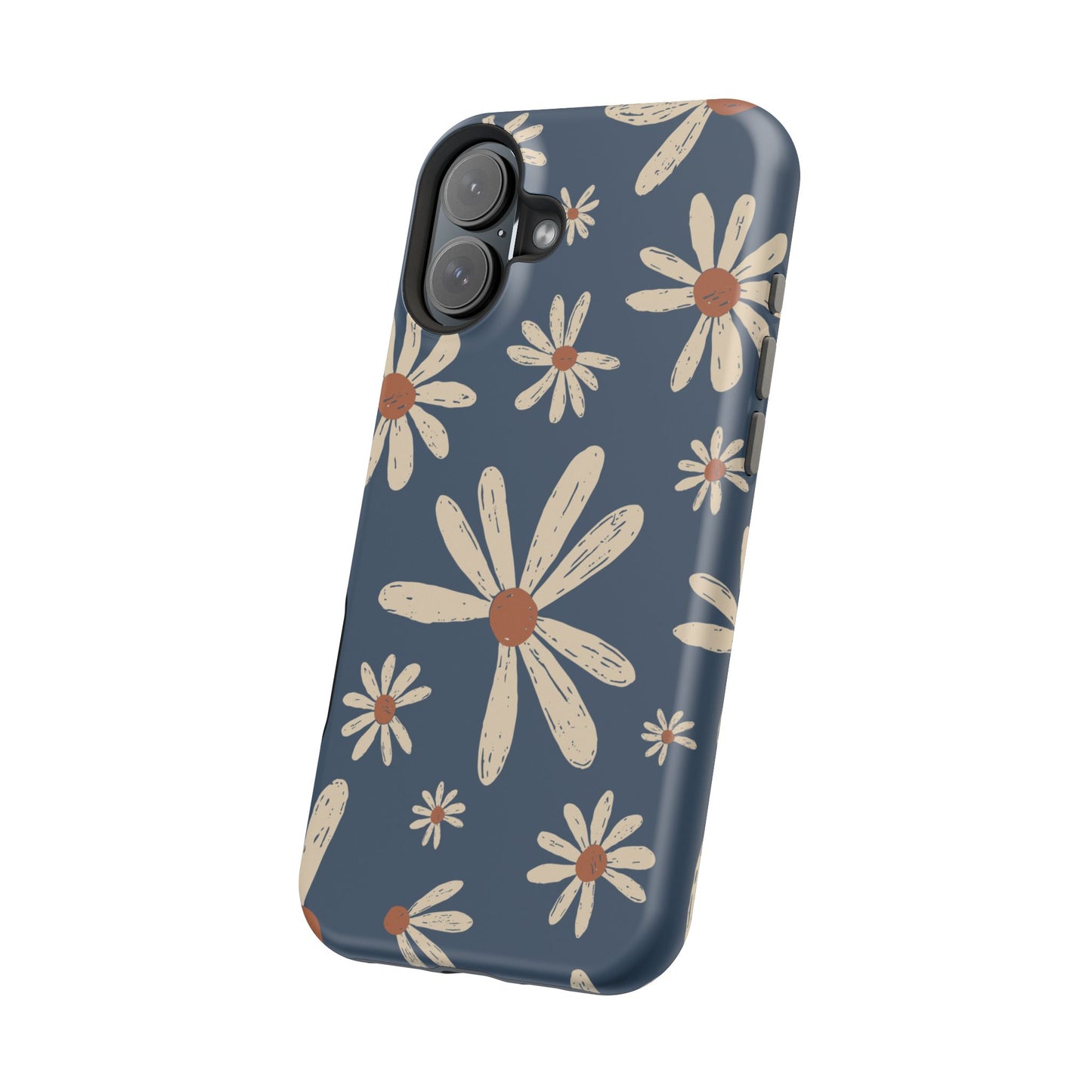 Vintage Daisies MagSafe iPhone Case – Navy Blue Floral Design, Scratch-Resistant with Shock-Absorbing Bumper