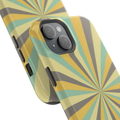 Vintage Sunburst Rays MagSafe iPhone Case – Bold 70s-Inspired Burst in Yellow, Mint, and Gray