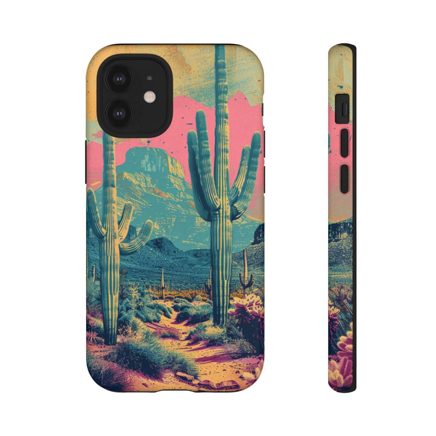 Desert Oasis Retro Cactus Phone Case - Vibrant Sunset Landscape for iPhone 15/14/13/12, Samsung S24/S23/S22/S21, & Google Pixel