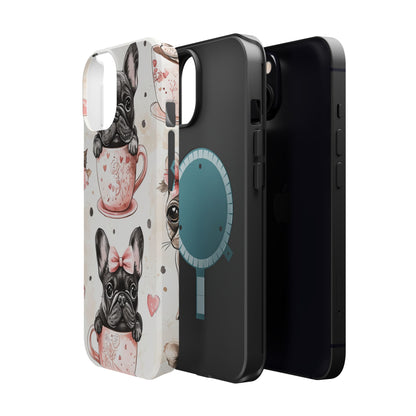 French Bulldogs in Teacups MagSafe iPhone Case – Cute Dog Design with Hearts & Bows, Shockproof & Slim