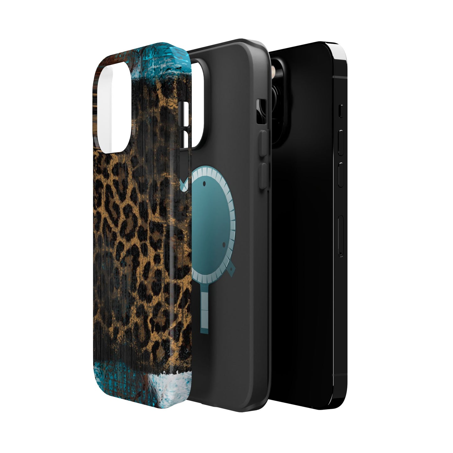 Boho Leopard and Turquoise Tough MagSafe iPhone Case – Rustic Western Design with Dual-Layer Protection