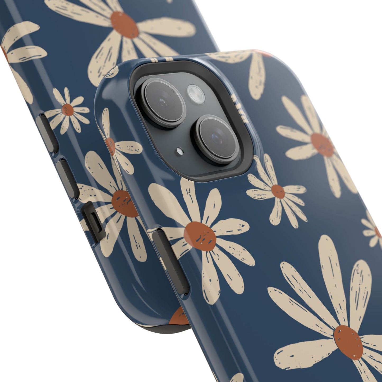 Vintage Daisies MagSafe iPhone Case – Navy Blue Floral Design, Scratch-Resistant with Shock-Absorbing Bumper