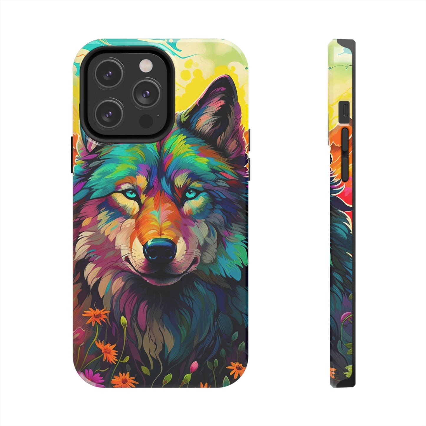 Rainbow Wolf in Bloom – iPhone Case with Vivid Nature Design