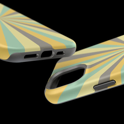 Vintage Sunburst Rays MagSafe iPhone Case – Bold 70s-Inspired Burst in Yellow, Mint, and Gray