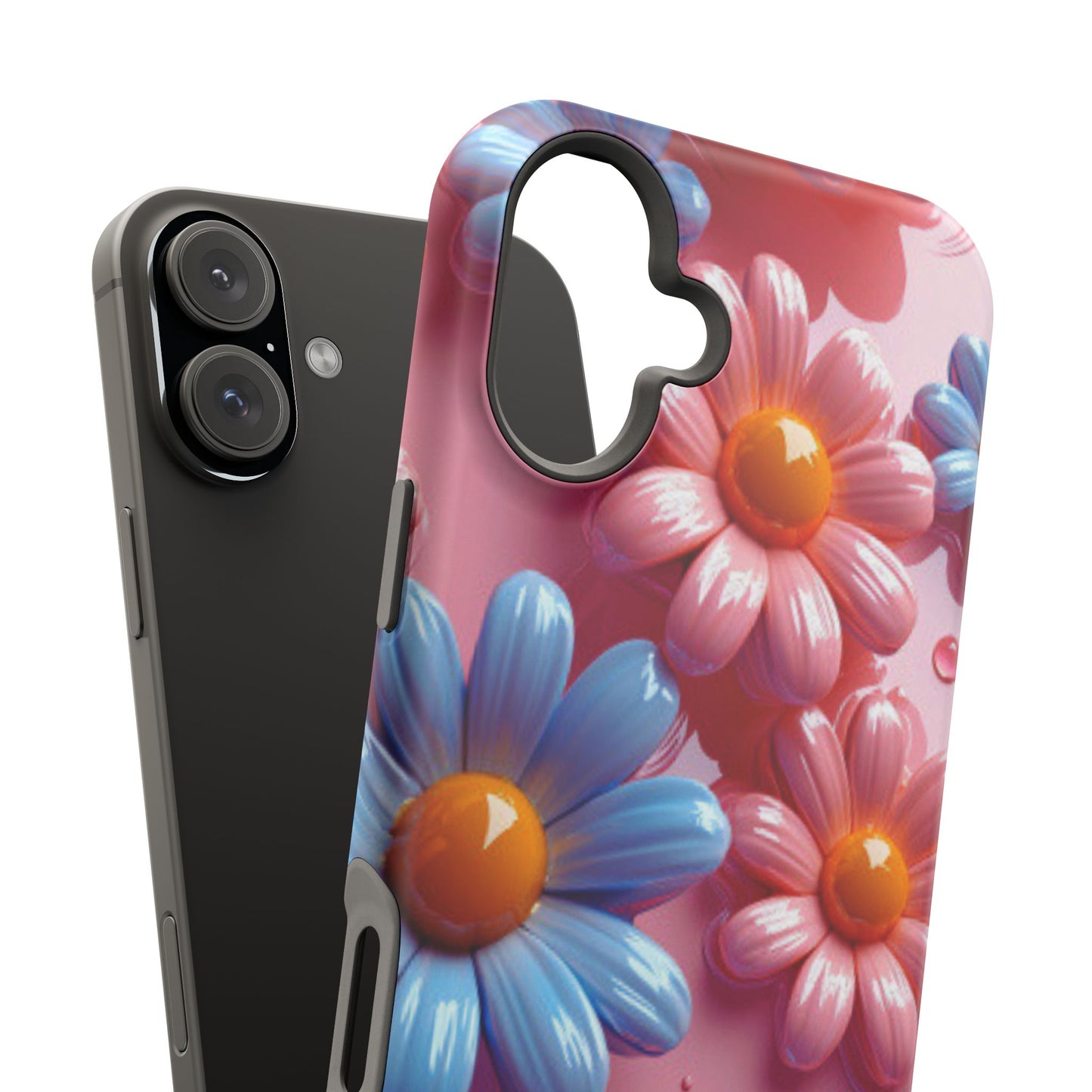 Pastel Daisy 3D MagSafe iPhone Case – Glossy Pink and Blue Floral Design, Full Protection