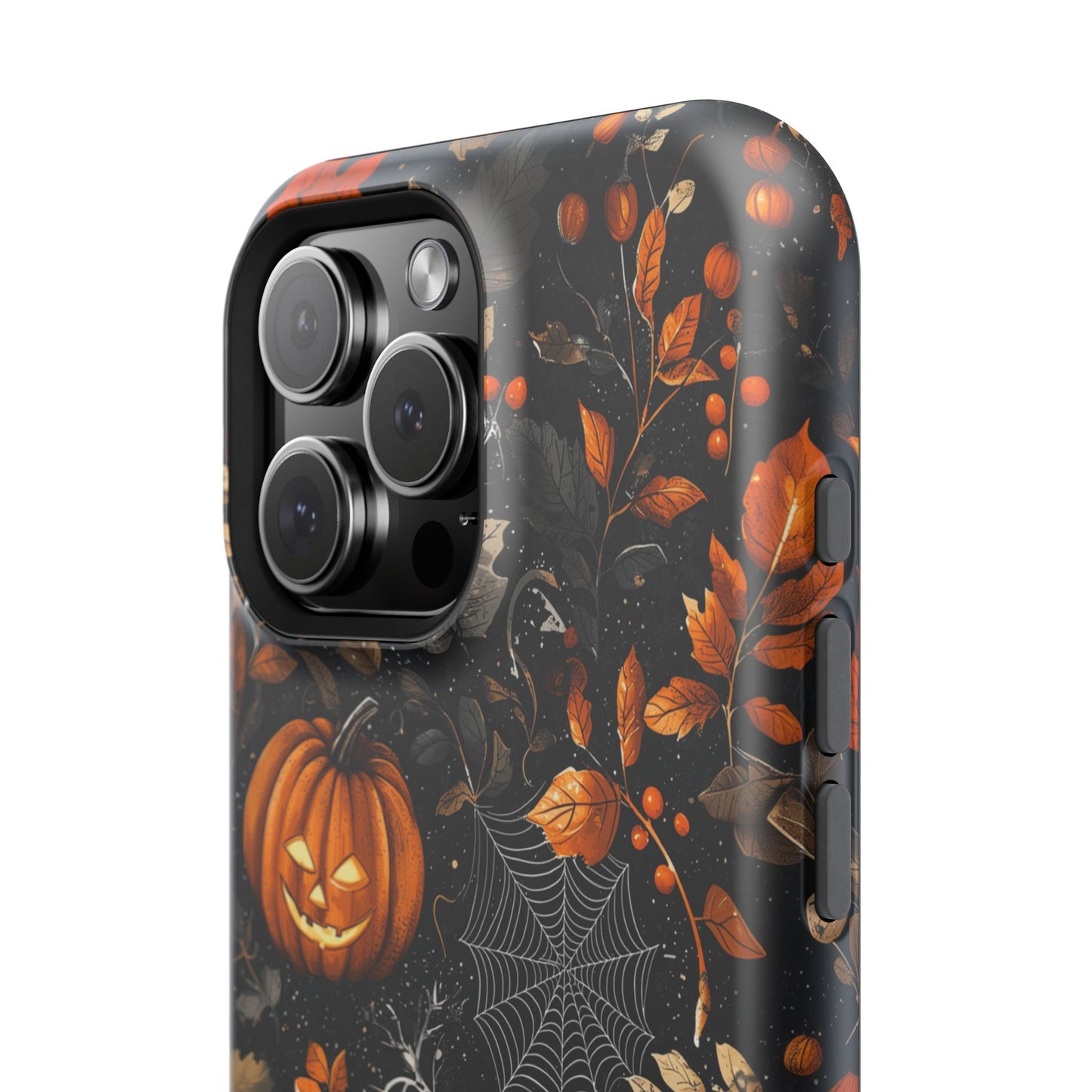 Elegant Halloween MagSafe iPhone Case – Pumpkin Jack-o'-Lanterns, Cobwebs & Autumn Foliage Design