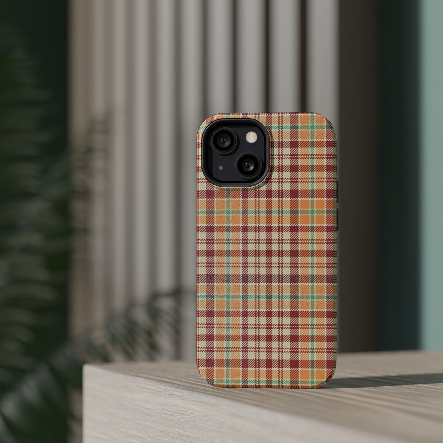 Retro Chic Plaid MagSafe iPhone Case in Red, Orange, Green & Cream – Vintage Design Meets Modern Tech