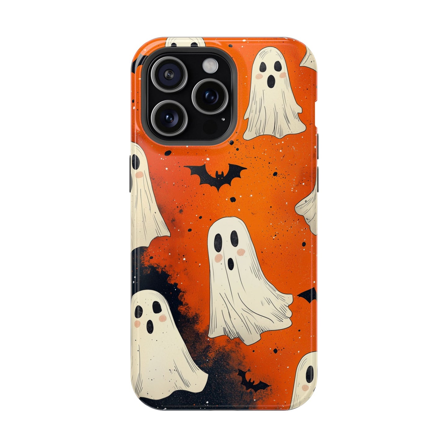 Spooky Ghosts & Bats  MagSafe iPhone Case – Vibrant Orange Halloween Design