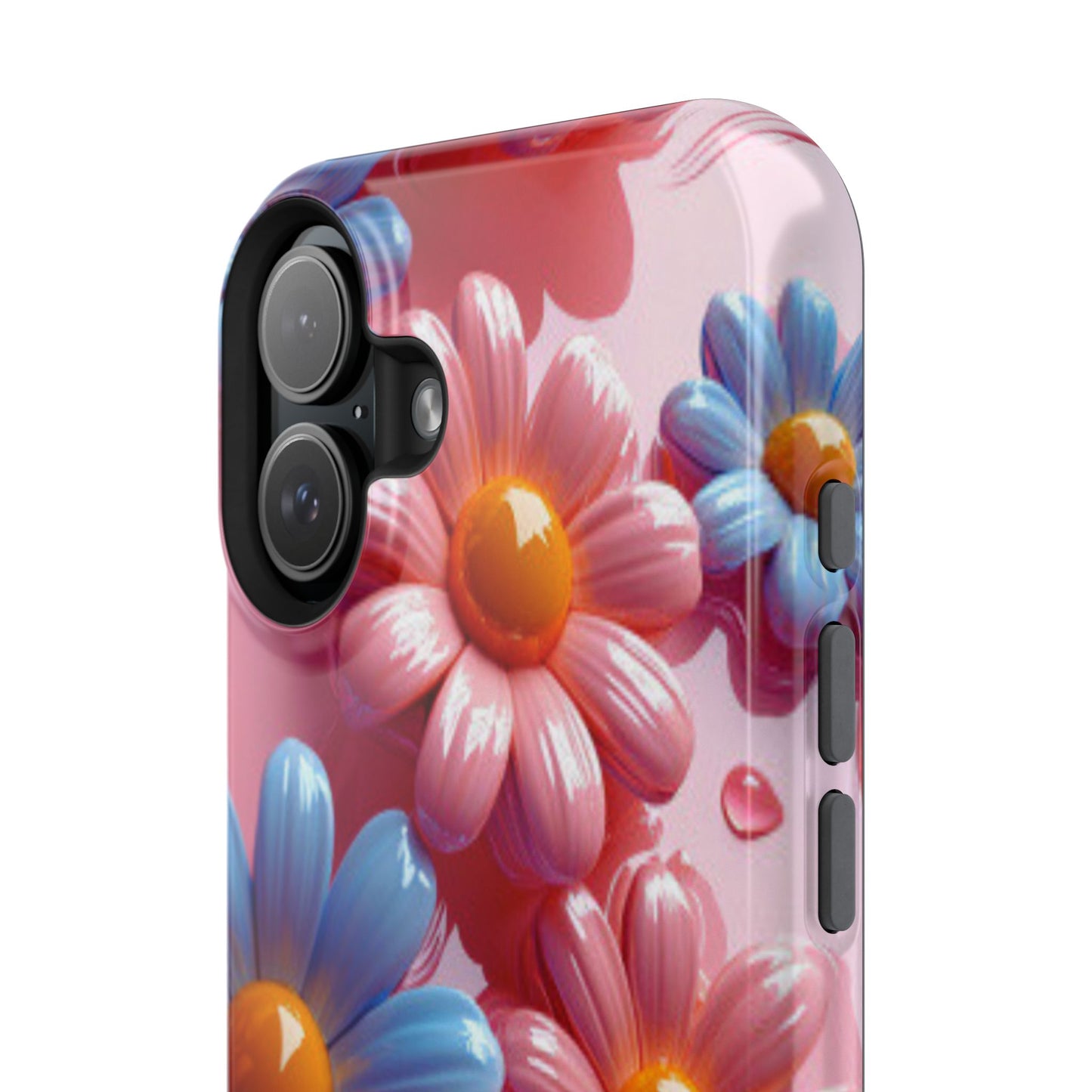 Pastel Daisy 3D MagSafe iPhone Case – Glossy Pink and Blue Floral Design, Full Protection