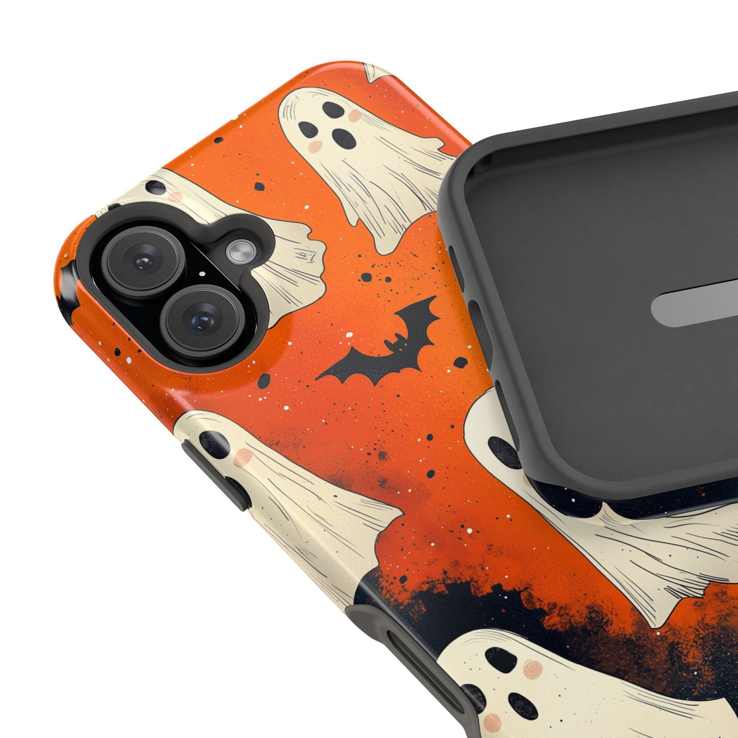 Spooky Ghosts & Bats  MagSafe iPhone Case – Vibrant Orange Halloween Design