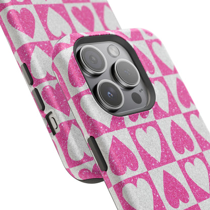 Pink Glitter Heart Checkered Pattern MagSafe Case