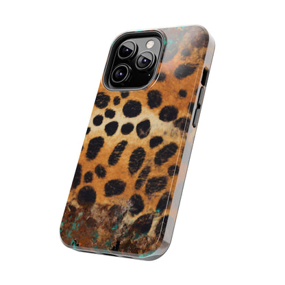 Rustic Leopard Print Tough iPhone Case – Distressed Turquoise and Animal Pattern with Dual-Layer Protection