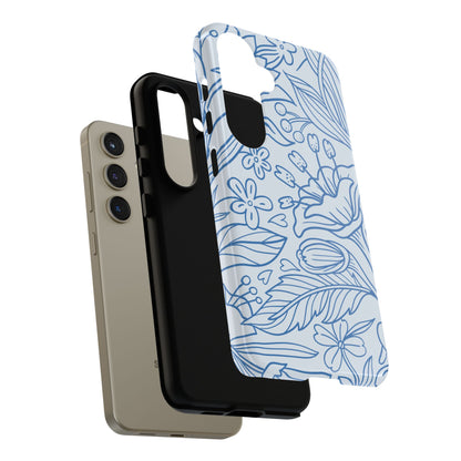 Dusty Blue Floral Line Art Tough Samsung Galaxy Case – Minimalist Botanical Design with Dual-Layer Protection