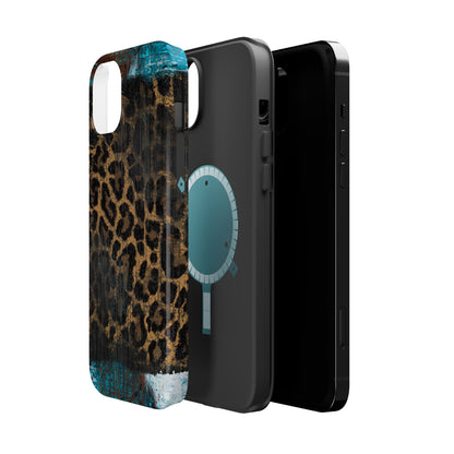 Boho Leopard and Turquoise Tough MagSafe iPhone Case – Rustic Western Design with Dual-Layer Protection