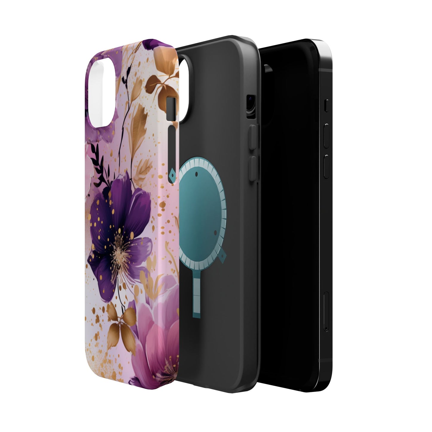 Elegant Purple & Gold Floral MagSafe iPhone Case - Luxe Flower Design